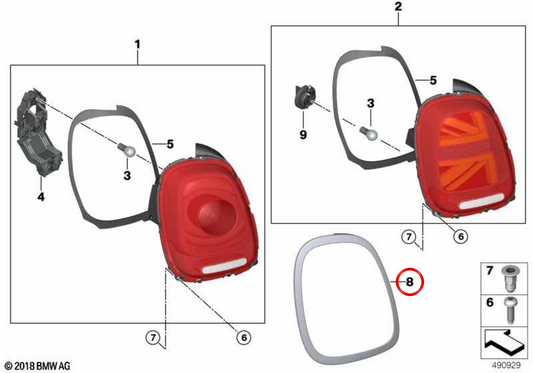 Luz traseira direita com anel cromado OEM 63218495332 para MINI F55, F56, F57, F56 BEV, F55 LCI, F57 LCI... e muito mais. MINI originais.
