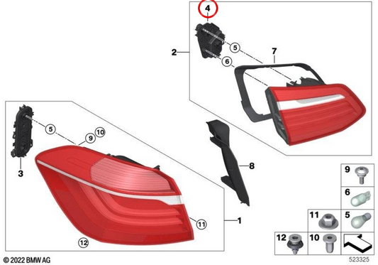 Portalámpara luz trasera tapa maletero OEM 63218737662 para BMW F46 Gran Tourer LCI. Original BMW.