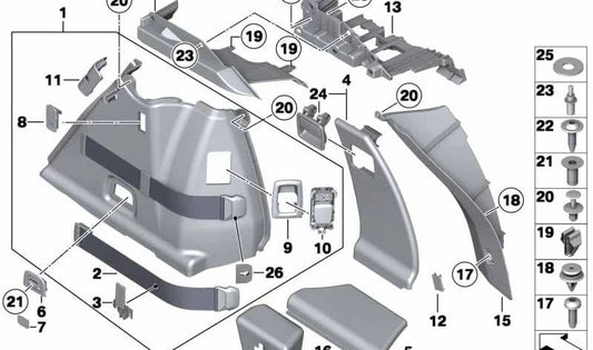 Revestimiento derecho paso de rueda maletero OEM 51479167396 para BMW F07 (520d, 530d, 535d, xDrive). Pieza original BMW.