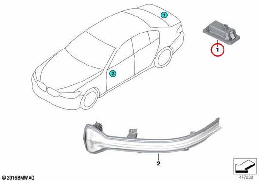 Luce di registrazione OEM 63267410302 per BMW F40, F90, G30, G31. BMW originale.