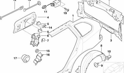 Cubierta del paso de rueda trasero izquierdo para BMW X5 E53 (OEM 51718403059). Original BMW