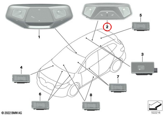 Luz de lectura interior OEM 63315A795A0 para BMW F70, U06, G60, G61, G45, F65, U25. Original BMW.