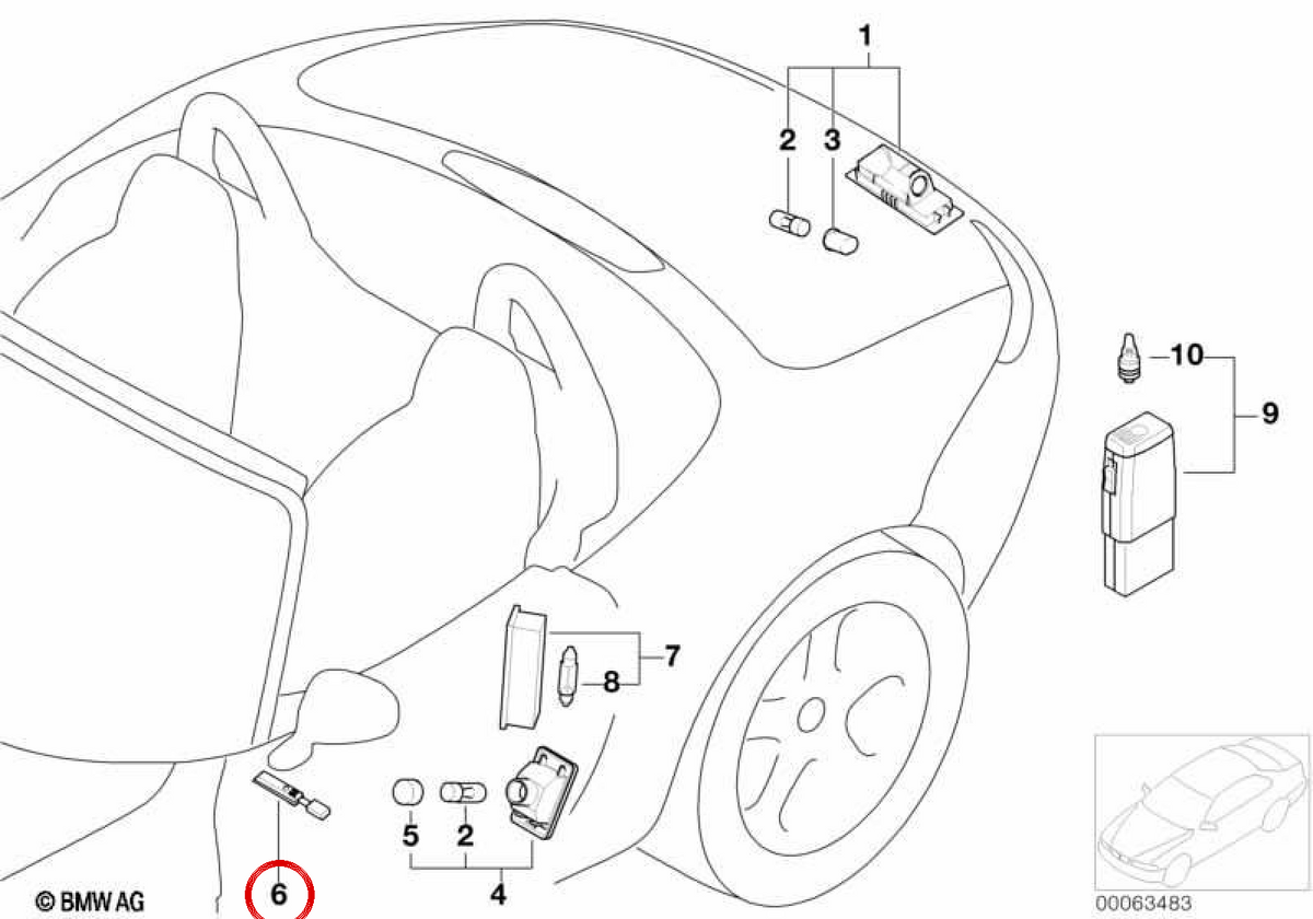 Módulo LED para panel de puerta OEM 63316902239 para BMW E85, E52. Original BMW.