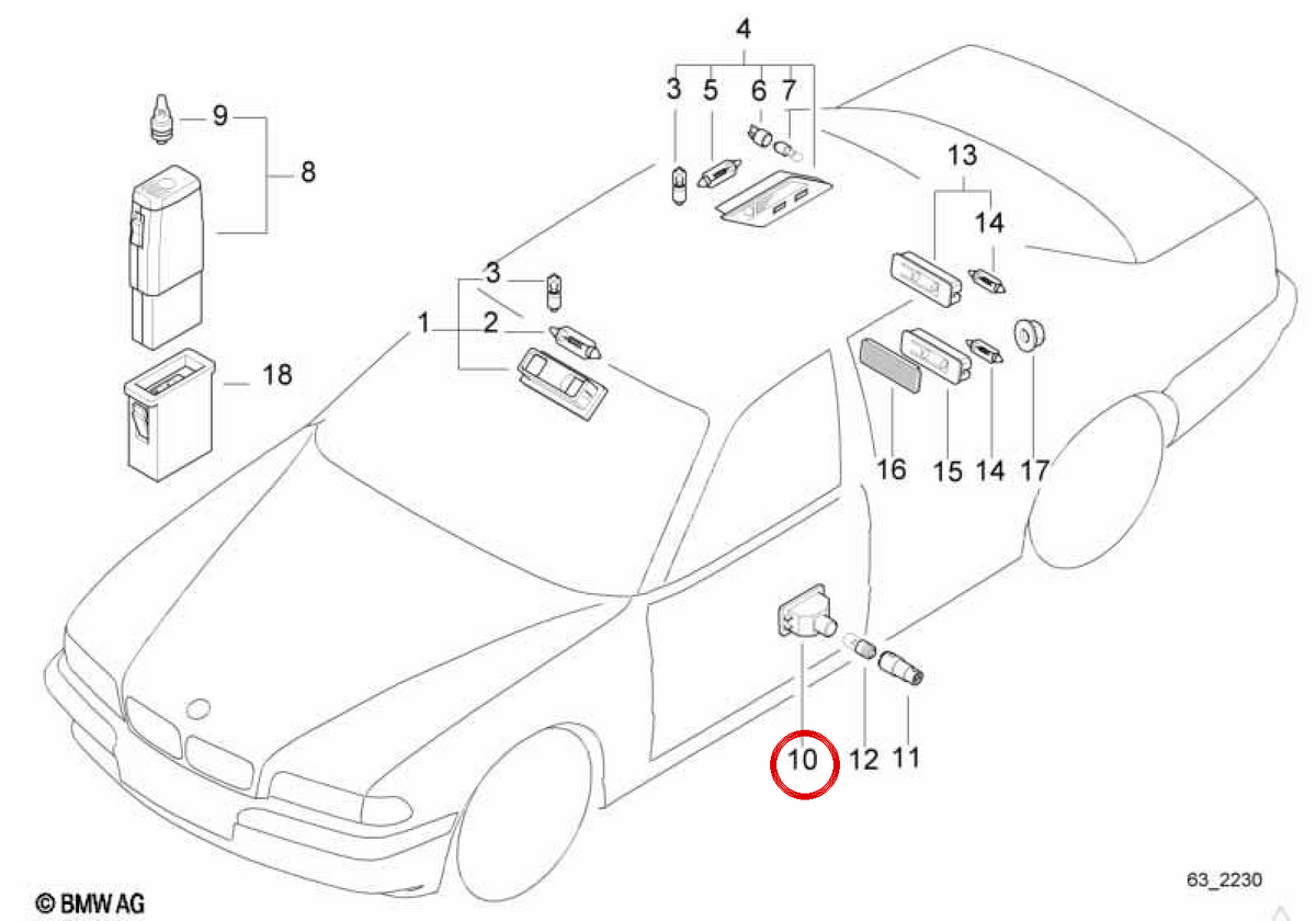 OEM -Türwarnlicht 63316962043 für BMW E38, E52. Original BMW.