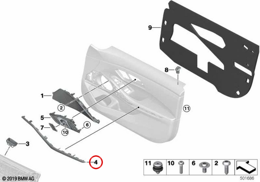 Guía luminosa contorno puerta delantera izquierda OEM 63316999929 para BMW G20, G21, G28, G80, G81. Original BMW.
