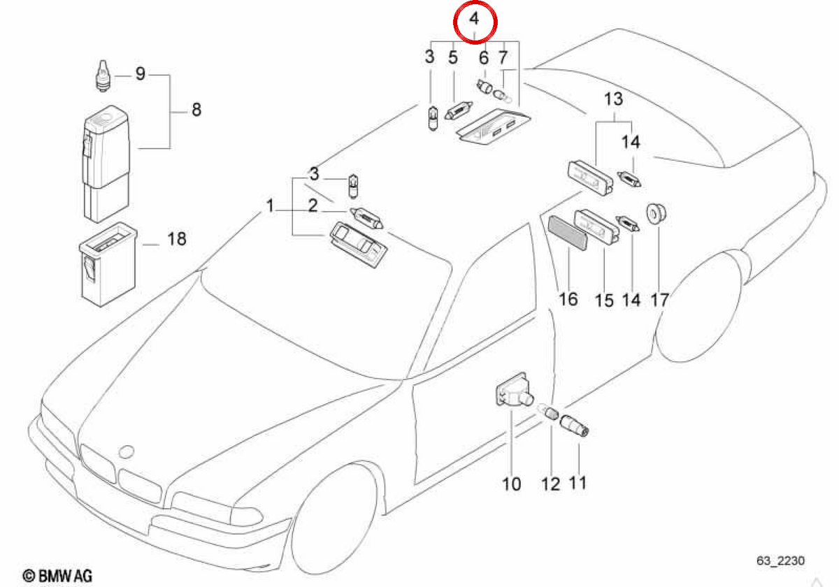 Left Interior Reading Light OEM 63318385363 for BMW E38. Original BMW.