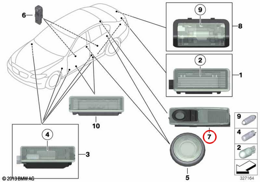 Luce di lettura interna sinistra OEM 63319215621 per BMW F11, F10, F25, F26. BMW originale.