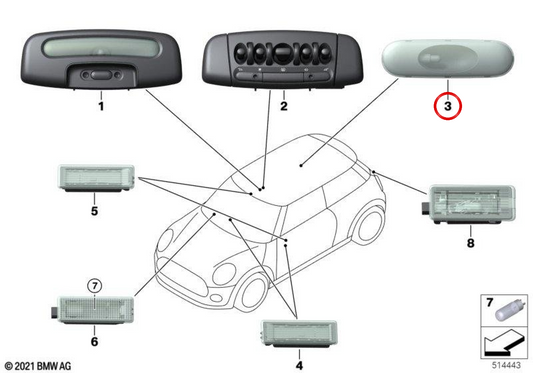 Interior Light OEM 63319382257 For Mini F55, F55 LCI, F56 Cooper, Cooper S, One ... and more. Original Mini.