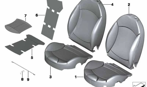 Gomaespuma respaldo básico lado derecho OEM 52102751240 para MINI R56, R55 Clubman, R57 Cabrio, R58 Coupé, R59 Roadster… y más. Original MINI.