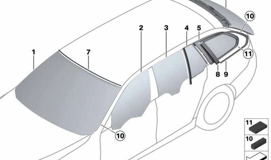 Stampaggio del finestrino posteriore sinistro per la BMW 5 F11, F11N (OEM 51377248803). BMW originale.