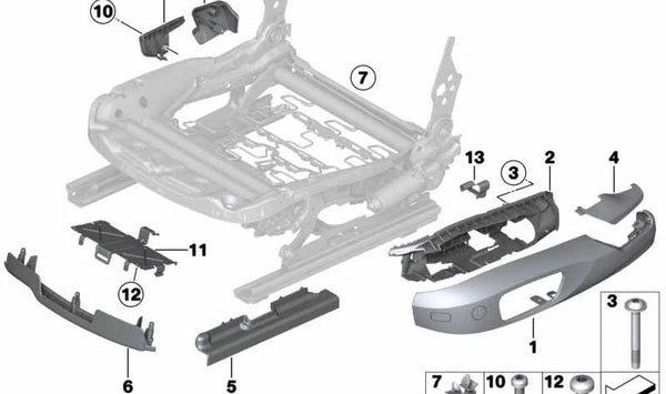 Embellecedor lateral izquierdo del asiento OEM 52106958667 para BMW E90, E91, E84, F25, F26. Original BMW.