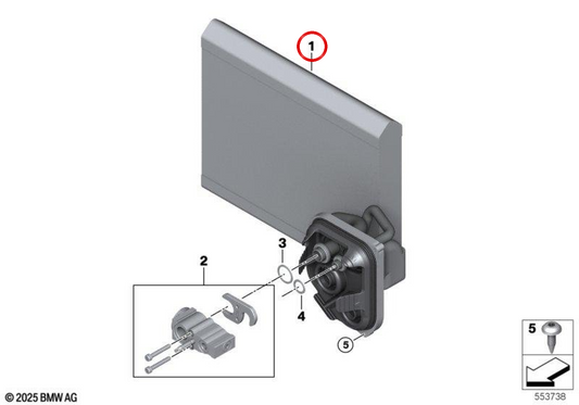 Evaporator of the OEM air conditioning system 64115A5D0E0 for BMW G60, G61, G68, G90, G70. Original BMW.