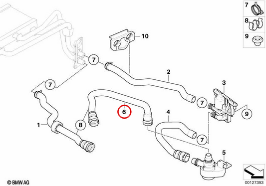 Tubo della pompa dell'acqua ausiliaria OEM 64216917697 per BMW E60, E61, E63, E64. BMW originale.