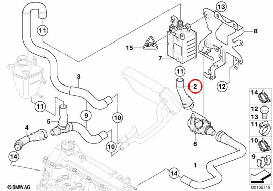 Tuyau flexible de pompe à eau auxiliaire vers moteur OEM 64216922393 pour MINI One D R50 RB11, RB12 2003-2006. Original MINI.