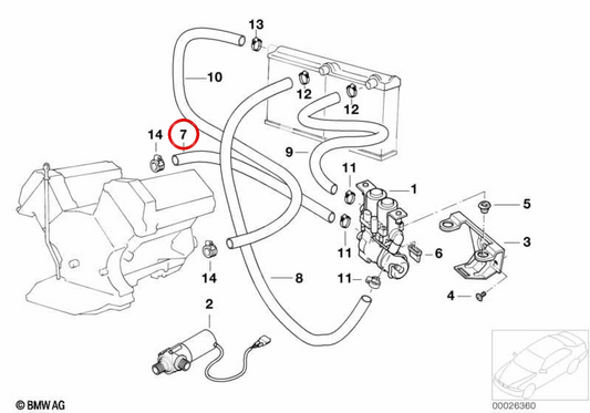 Tambuco di avanzamento del motore alla pompa dell'acqua ausiliaria OEM 64218362127 per BMW E38. BMW originale.