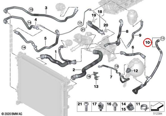 Mangueira de retorno de refrigerante OEM 64219398803 para BMW G05, G18, G06, G07. BMW genuíno.
