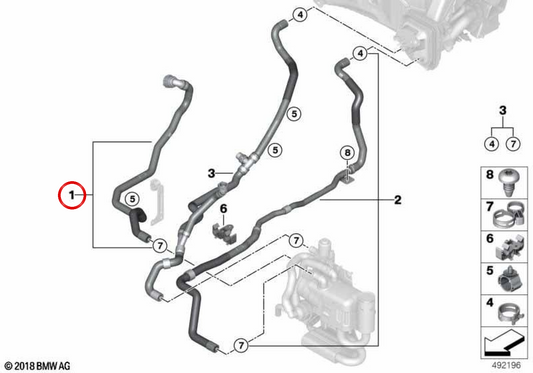 Mangueira de refrigerante de entrada OEM 64219875556 para BMW G05, G06, G07. BMW genuíno.