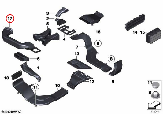 Conducto de aire frío izquierdo OEM 64229112137 para BMW F10, F11, F01, F02, F04. Original BMW.