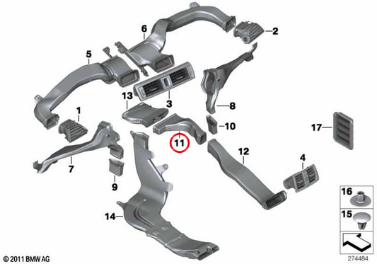 Intermediate rear heating duct OEM 64229207331 for BMW F20, F21, F22, F23, F87, F30, F31, F34, F80, F32, F33, F36, F82, F83. Original BMW.