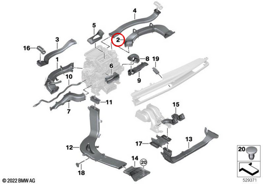 Canale aria fredda lato passeggero OEM 64229870556 per BMW Serie 7 G70, G73 735i, 740i, 740d, 740d xDrive, 750e xDrive, M760e xDrive, i7 eDrive50, i7 xDrive60, i7 M70 xDrive. Originale BMW.