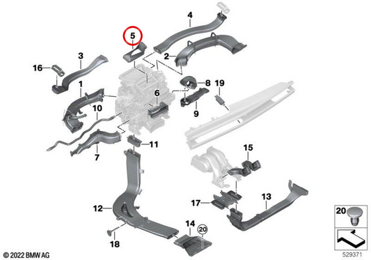Canale di ventilazione indiretta OEM 64229870560 per BMW Serie 7 G70 735i, 740i, 740d, 740d xDrive, 750e xDrive, M760e xDrive, i7 eDrive50, i7 xDrive60, i7 M70 xDrive. Originale BMW