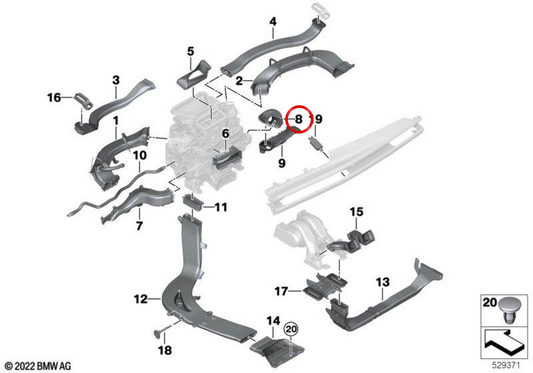 Adaptador Fussraumkanal OEM 64229870569 para BMW Serie 5 G60, G90, G61, G99, Serie 7 G70, G73. Original BMW.