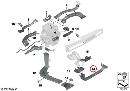 Condotto aria montante B OEM 64229875755 per BMW Serie 7 G70, G73 735i, 740d, 740d xDrive, 740i, 740i xDrive, 760i xDrive. Originale BMW.