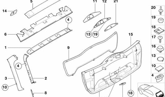 Obere Innenauskleidung des hinteren Tors für die BMW 3 E46 -Serie (OEM 51498158436). Original BMW