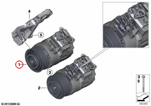 Compresor de aire acondicionado sin embrague magnético OEM 64506805073 para BMW F82, F83. Original BMW.