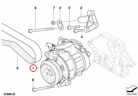 Compressor de ar condicionado OEM 64509174807 para BMW E60, E61, E63, E64. BMW genuíno.