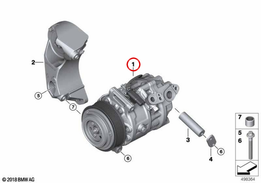 Compressore di aria condizionata con frizione magnetica OEM 64525A58A52 per BMW F90, G30, G31, G11, G12, G70, F91, F92, F93, G14, G15, G16, G05, F95, G06, F96, G07. BMW originale.