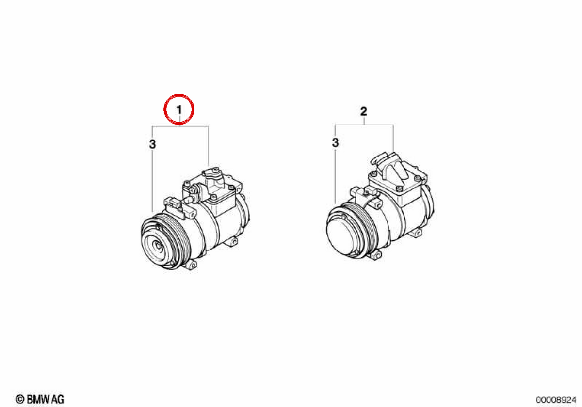 OEM air conditioning compressor 64526910459 for BMW E46, E39, E38. Original BMW.