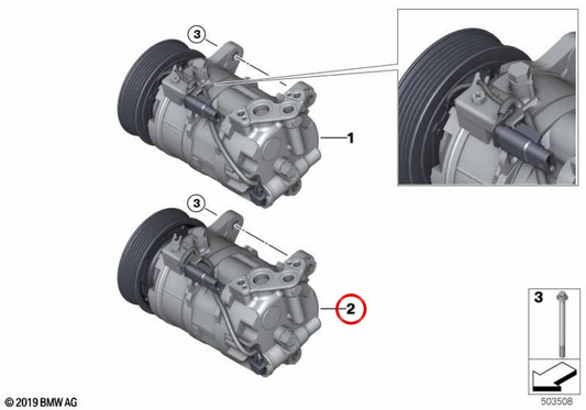 Compressor de ar condicionado sem embreagem magnética OEM 64527948798 para BMW F40, F44. BMW genuíno.