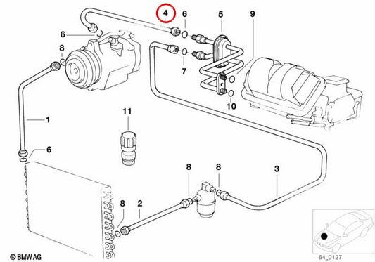 Tubo de aspiración evaporador-compresor OEM 64538372120 para BMW E36. Original BMW.
