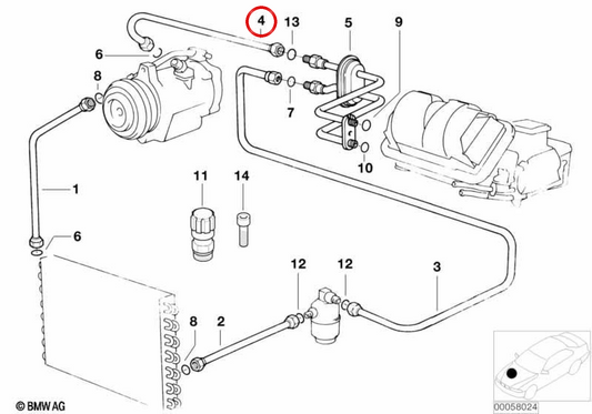 Tubería de succión evaporador a compresor OEM 64538377682 para BMW E36. Original BMW.