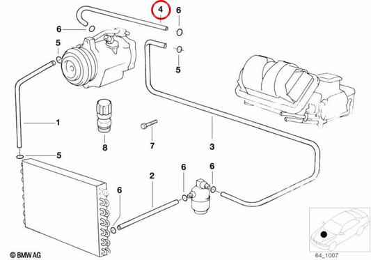 Tube d'aspiration de l'évaporateur au compresseur OEM 64538378651 pour BMW E38. BMW d'origine.