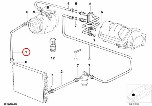 Tubería de alta presión del compresor al condensador OEM 64538391311 para BMW E34. Original BMW.
