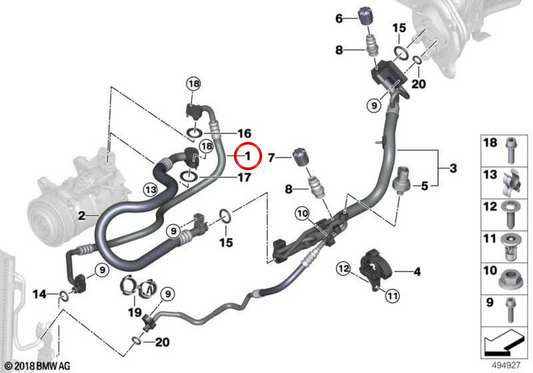 Tubería de alta presión del compresor al condensador OEM 64539337128 para BMW F20, F21, F22, F23, F30, F31, F35, F32, F36. Original BMW.
