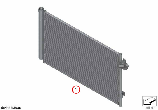 Air conditioning condenser with OEM dryer 64539364255 for BMW F90, G30, G11, G12, F91, F92, F93, G14, G15, G16. Original BMW.