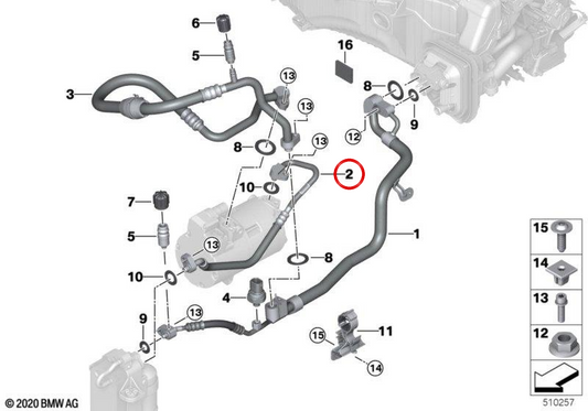 Tubo de alta presión A/C OEM 64539496994 para BMW G30 520i, 530i (2020-2023). Conecta compresor y condensador. Compatible con versiones B48C y B48D. Original BMW.
