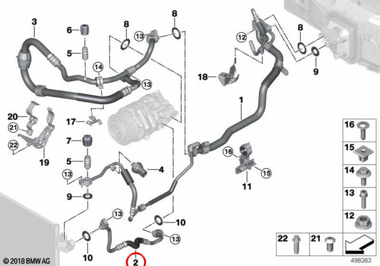 High pressure pipe of the compressor to the OEM condenser 64539860608 for BMW G30, G31, G11, G12, G14, G15, G16. Original BMW.