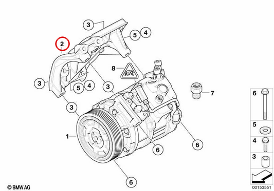 Suporte de compressor de ar condicionado OEM 64557556836 para BMW E82, E88, E90, E91, E92, E93, E84, E89. BMW genuíno.