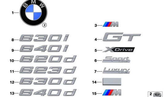 "BMW" Emblème arrière OEM 51147415345 pour la série BMW 6 Gran Turismo (G32). BMW d'origine