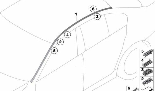 Toit droit moulé OEM 51137276308 pour BMW F18, F18N. Pièce extérieure originale BMW. Idéal pour le remplacement des moulures détériorées ou perdues.