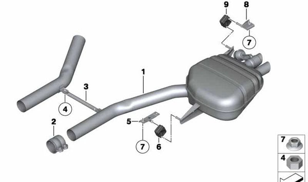 Silencioso trasero izquierdo con válvula de escape OEM 18307646979 para BMW F01, F02. Original BMW.