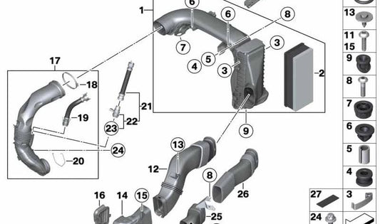 Silenciador de admisión de aire OEM 13718573869 para BMW F30N, F31N, F34, F34N, F32, F32N, F33, F33N, F36, F36N, F07N, F10N, F11N, F06N, F12N, F13N, F25, F26, F15, F16. Original BMW.