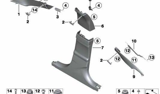 Embellecedor interior pilar A izquierdo OEM 51438051013 para BMW F06, F06N, F13, F13N. Color antracita. Original BMW.
