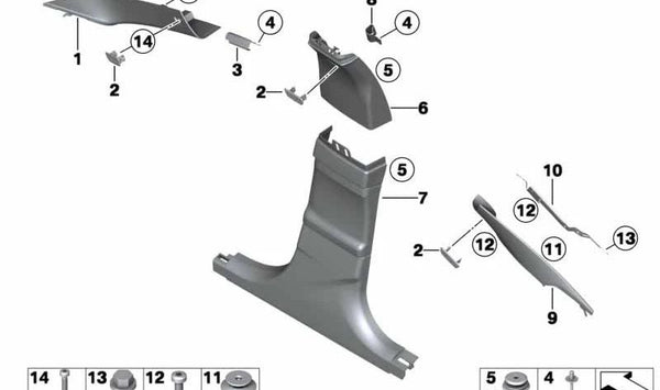 Embellecedor interior pilar A izquierdo OEM 51438051013 para BMW F06, F06N, F13, F13N. Color antracita. Original BMW.