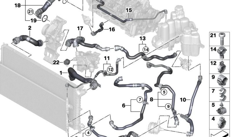 Mangueira do radiador de líquido de arrefecimento - Bomba de água para BMW Mini F65, F66, U25 Série 1 F70 Série 2 U06 X1 U11, U12 X2 U10 (OEM 17125A0C5A4). BMW original