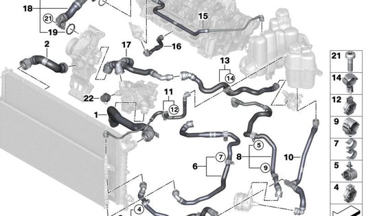 Mangueira do radiador de líquido de arrefecimento - Bomba de água para BMW Mini F65, F66, U25 Série 1 F70 Série 2 U06 X1 U11, U12 X2 U10 (OEM 17125A0C5A4). BMW original
